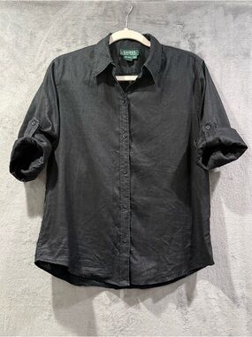 Lauren Ralph Lauren 100% Linen Black Long Sleeve Shirt Women’s Size M Minimalist